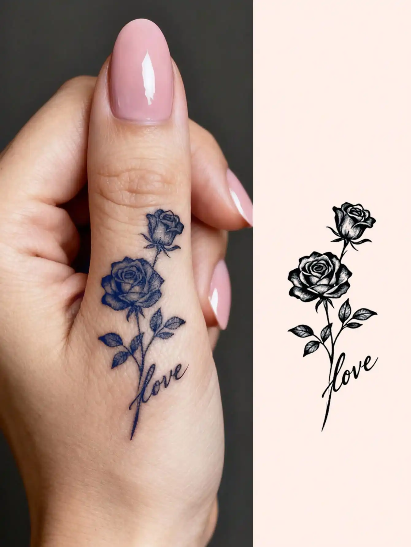 

Temporary Rose Tattoo Sticker, Black Line Art Love Pattern Fake Tattoo, Waterproof Finger Hand Body Decal for Women