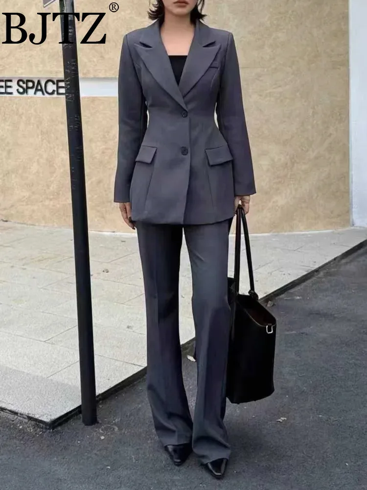 

BJTZ модный офисный женский пиджак, комплект куртки для женщин, весна-осень 2022, новые широкие брюки с высокой талией, комплект из 2 предметов, женская одежда