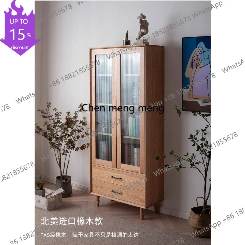 

Q178 Nordic All Solid Wood Bookcase Locker Oak Log Glass Double Door with Drawing Display Cabinet