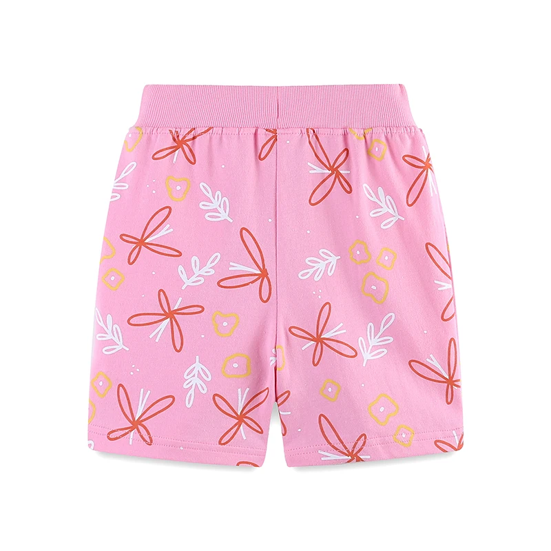 Single Piece Summer Girls Decorative Rope Shorts, Knitted Cotton Cute Cartoon Print Jogging Pants With Pockets 2-7Y