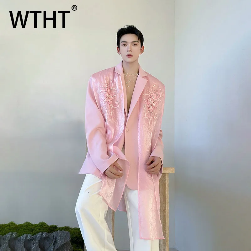 

WTHT модные мужские пиджаки с 3D цветочным принтом и лентой, модные осенние куртки 2025, однотонные мужские куртки с длинными рукавами 2A1924