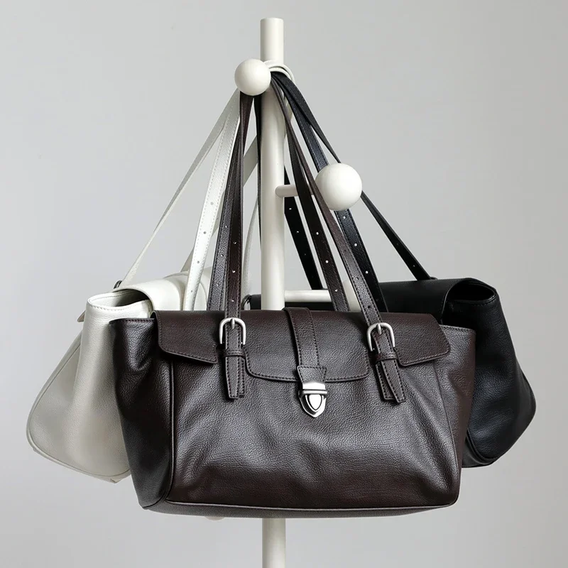 High-end Retro Genuine Leather Post Lock Bag, Large Capacity Commuting Shoulder Crossbody Purse,Simple Solid Color Daily Handbag