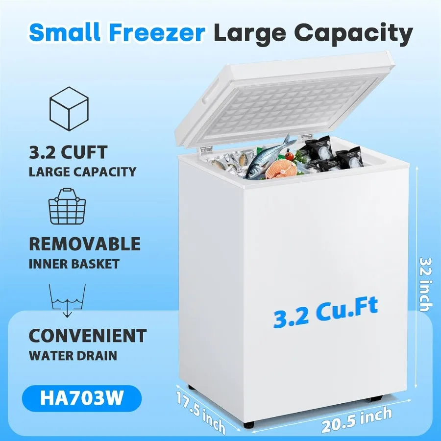 3.2 Cu.Ft Compact Mini Deep Freezer with 7 Temp Settings Removable Basket Top Door Free-Standing Freezer for Home Dorm Garage O