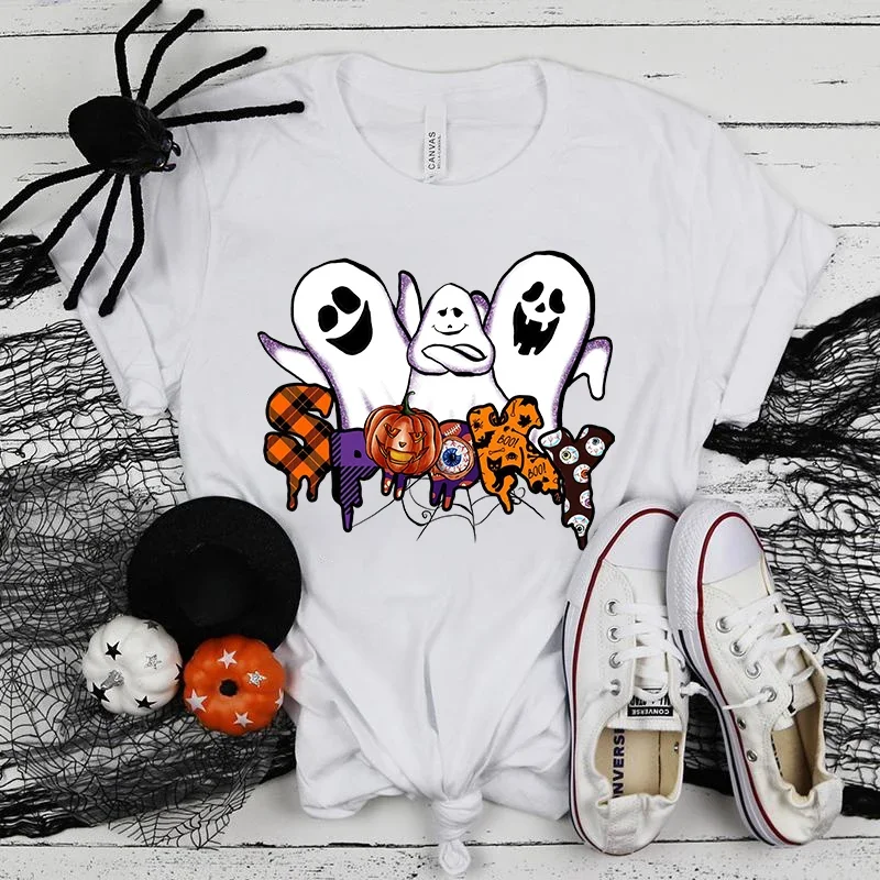 (Premium T-shirt)New Halloween Boo Spooky Print T Shirts Women Casual Round Neck Tees Top Summer Cool Loose Short Sleeves