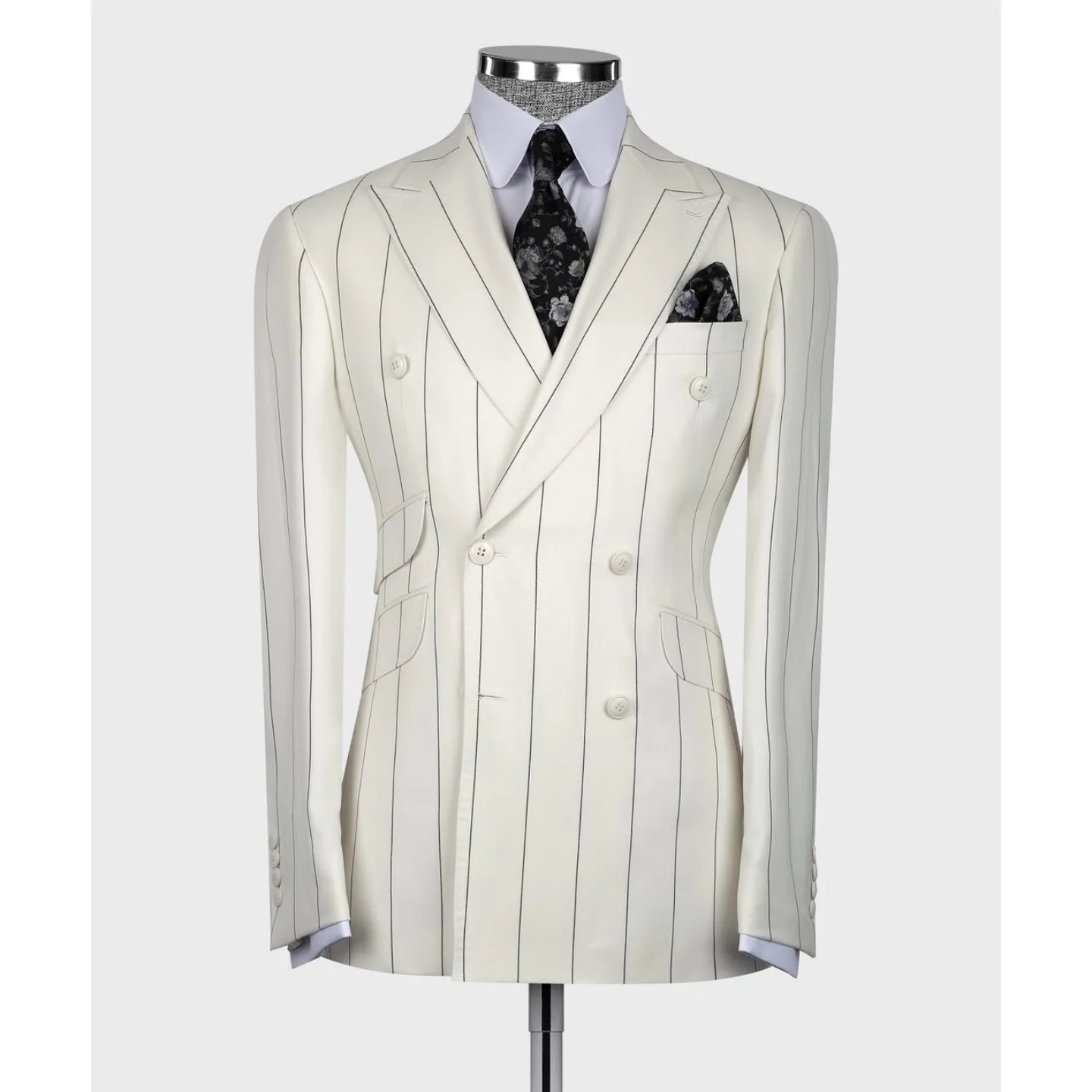 White Black Pinstripe 2 Piece Suit Outfits Clothing Tailored Business Double Breasted Jacket Pants Wedding Guest Customized