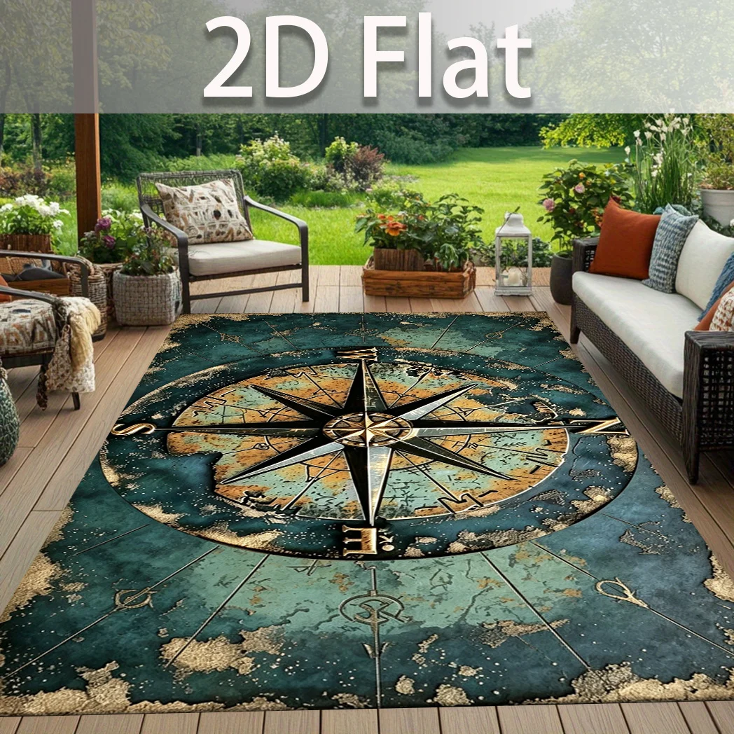 1pc 2D Flat Vintage Nautical Compass Pattern Rectangular Non‑Slip Area Rug, Indoor Home Rug for Living Room, Bedroom, Bedside