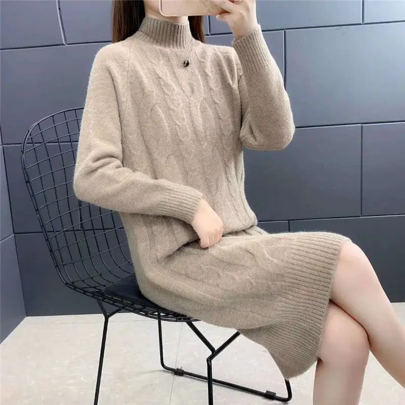 Koreanische Fleece Midi Kleid Pullover Weibliche Stricken Neue Herbst Winter Lose Halb Höhe Kragen Bodenbildung Shirt Mid Länge Top Kleid