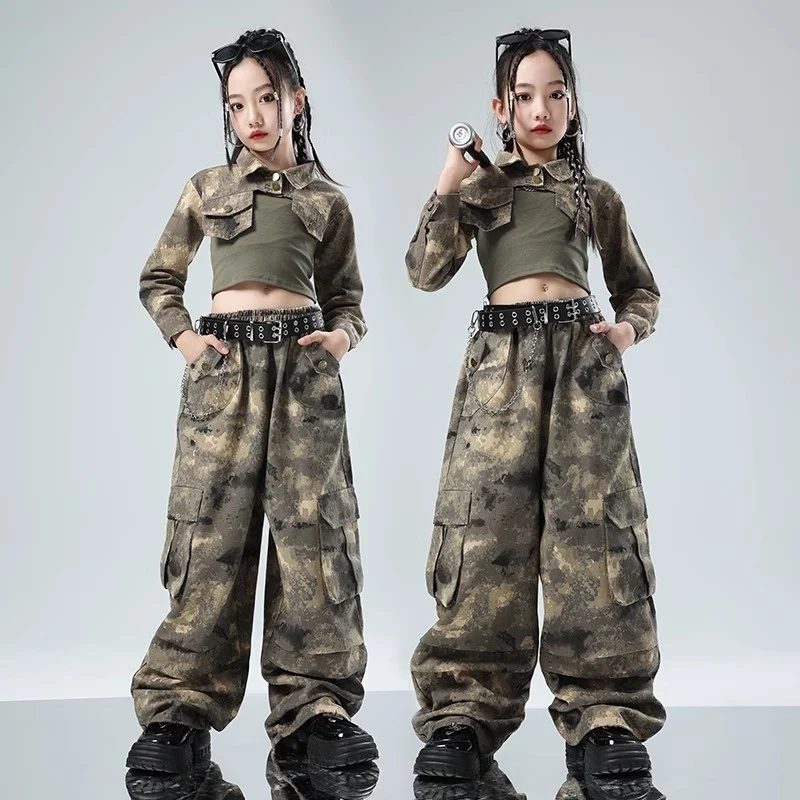 

Jazz Dance Costume Children's Clothes Crop Green Camouflage Cargo Clothing Hip Hop Stage Outfit Catwalk Show Clothes DQL10195