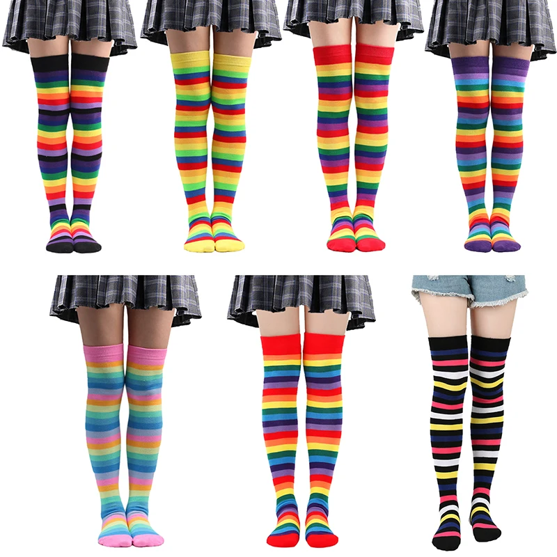 New Colorful Rainbow Stockings Striped Long Socks Knee Thigh High Socks School Girls Halloween JK Uniform Cosplay Accessories