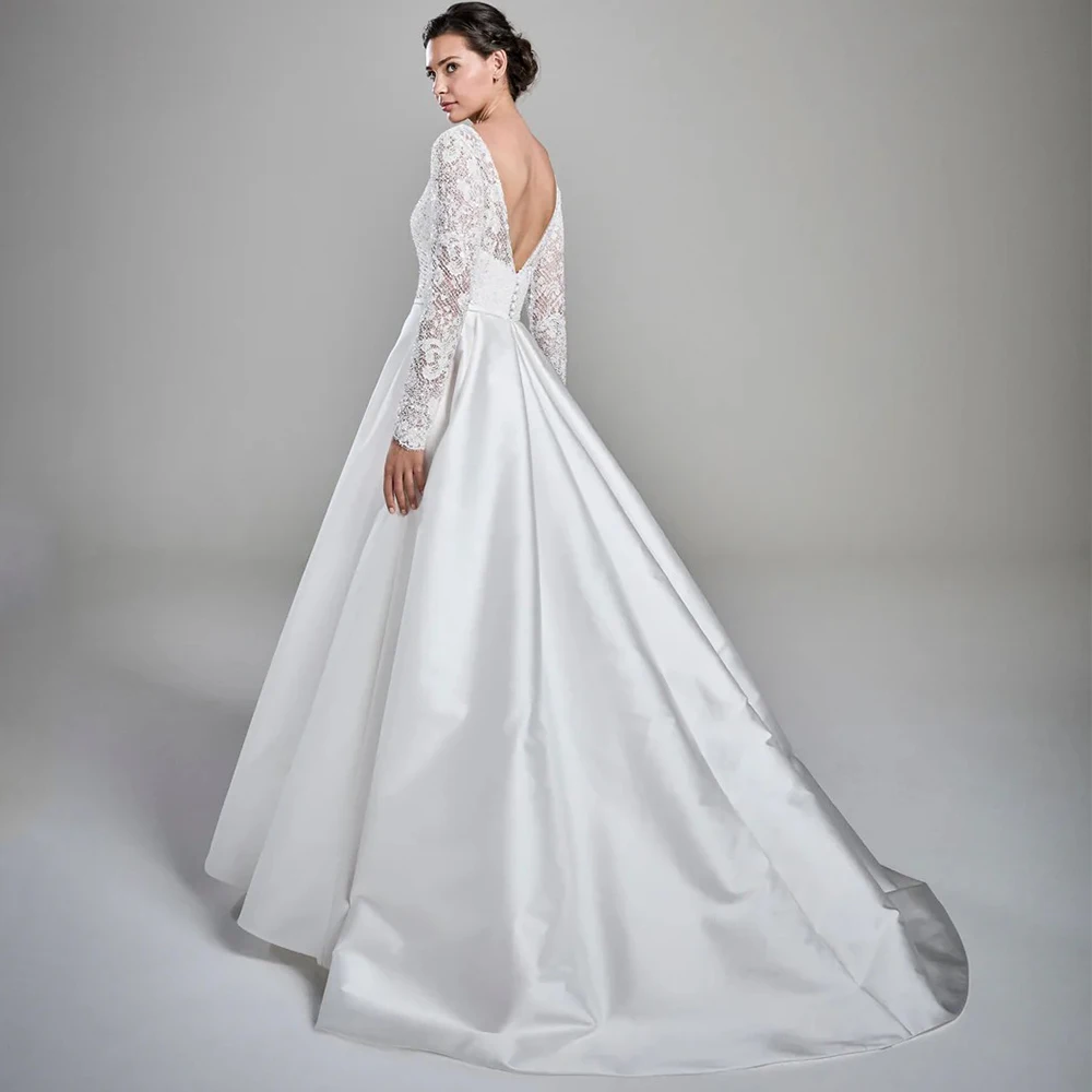 절묘한 A 라인 맞춤형 웨딩 드레스 클래식 v 넥 긴 소매 레이스 새틴 신부 포켓 백리스 바닥 길이 가운