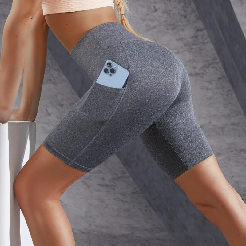 Double Pocket Yoga Shorts Women High Waisted Stretchy Tummy Control 5 Point Pants Running Gym Fitness Fashion Butt Lift Shorts