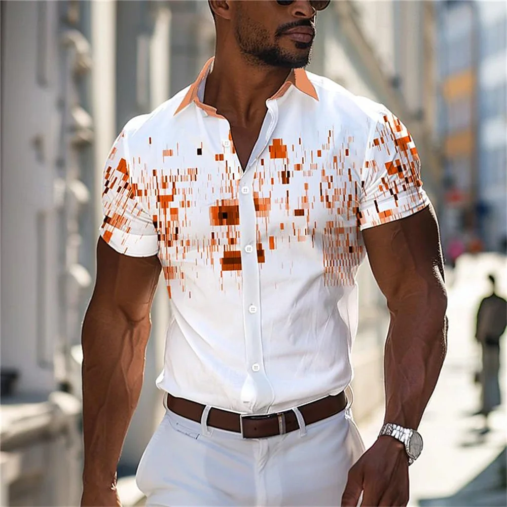 New geometric men's business casual printed shirt outdoor street work clothes summer lapel short sleeved muscular men's top