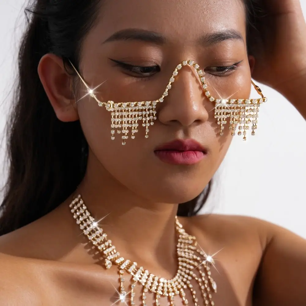 Foldable Tassel Rhinestone Eyeglass Frame Crystal No Lens Metal Glasses Frames Face Jewelry Geometric Half Frame Glasses Chain