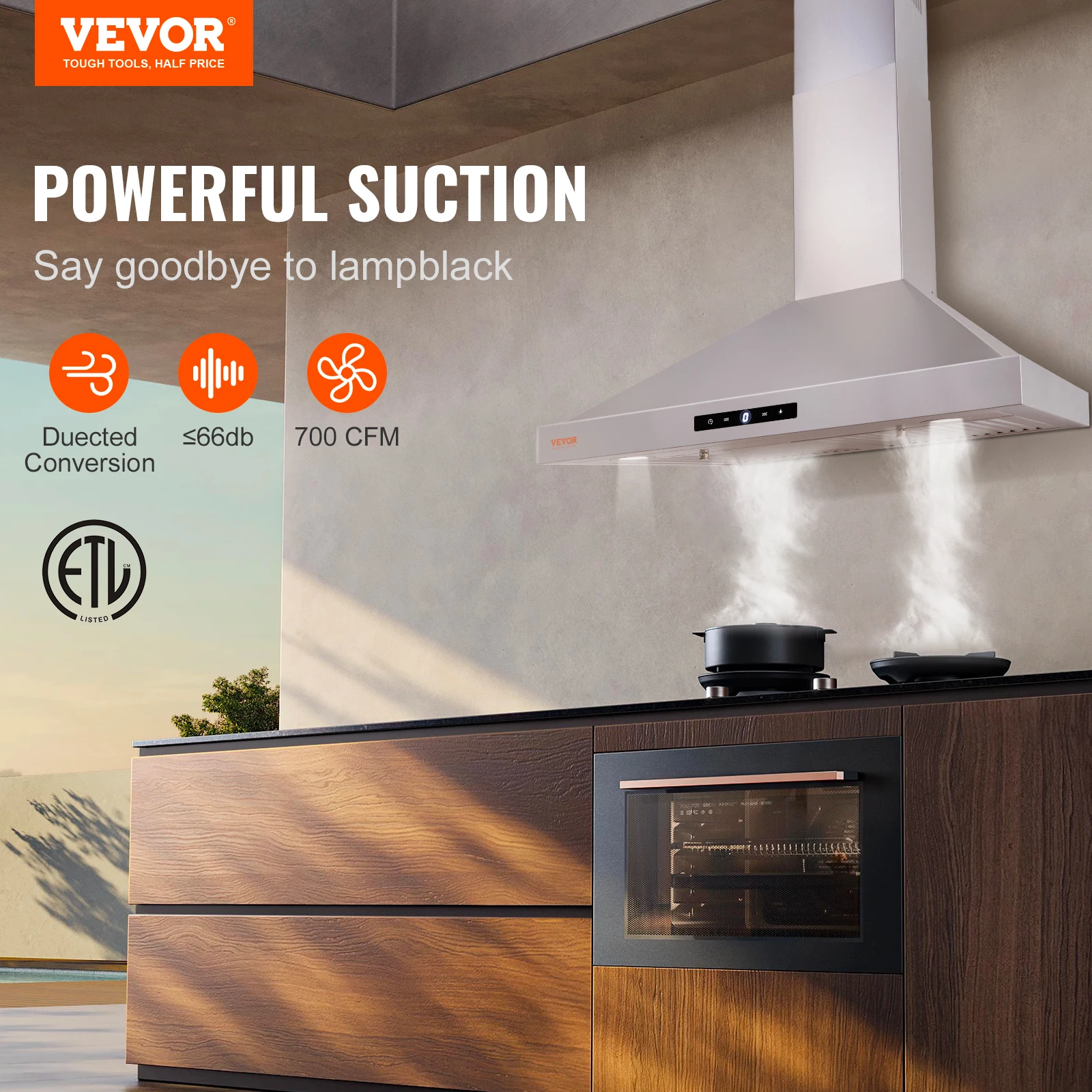 VEVOR 30-inch  Wall Mount Range Hood with Ducted Exhaust Vent Soft Touch Controls 3 Exhaust Fan Speed 2pcs LED lights 200/350CFM