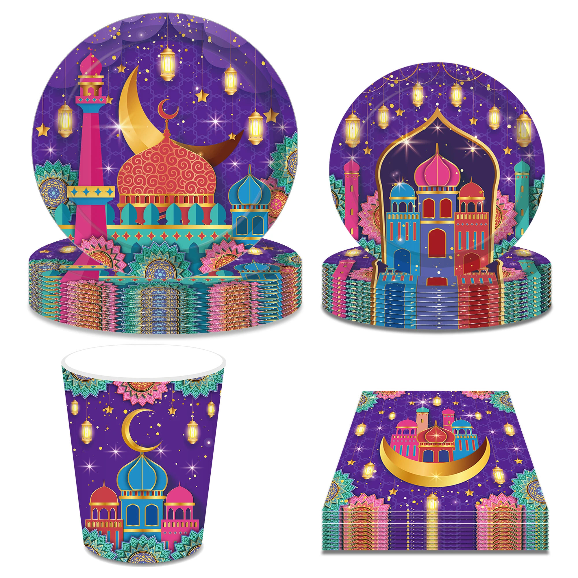 Ramadan Mubarak Decoration 2024 Colorful Mosque Print Purple Disposable Tableware EID Mubarak Supply Muslim Islamic Party Decor