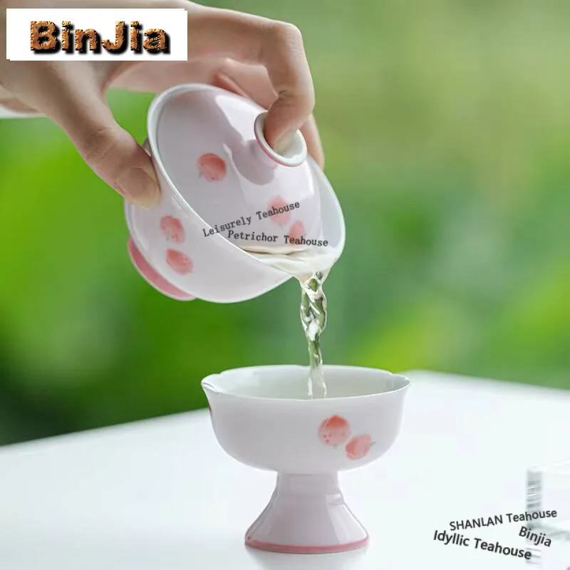 130ml Hand-painted Pink Peach Gaiwan Zen Apricot Powder Galze Thin Tire Tea Tureen Household Tea Brewing Cover Bowl Cafes Gift