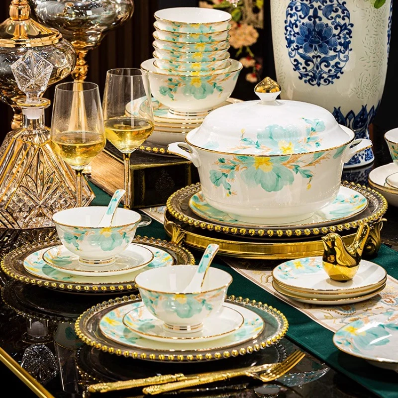 Jingdezhen Ceramic Dinner Set Tableware Underglaze Colouring Decoration Suitable Newlyweds Housewarming Parties Light Luxury