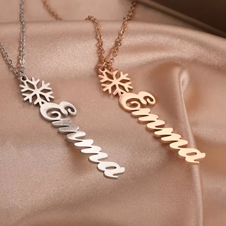 

Women Necklace Personalized Snowflake Name Christmas Gift Custom Name Necklace Vertical Pendant Stainless Steel Jewelry