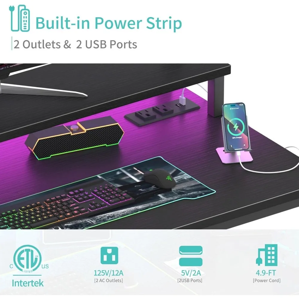 مكتب Lufeiya صغير مع منافذ طاقة وأضواء LED، طاولة دراسة للكتابة في سن المراهقة مقاس 32 بوصة، مكاتب كمبيوتر مكتبية منزلية مع شاشة S