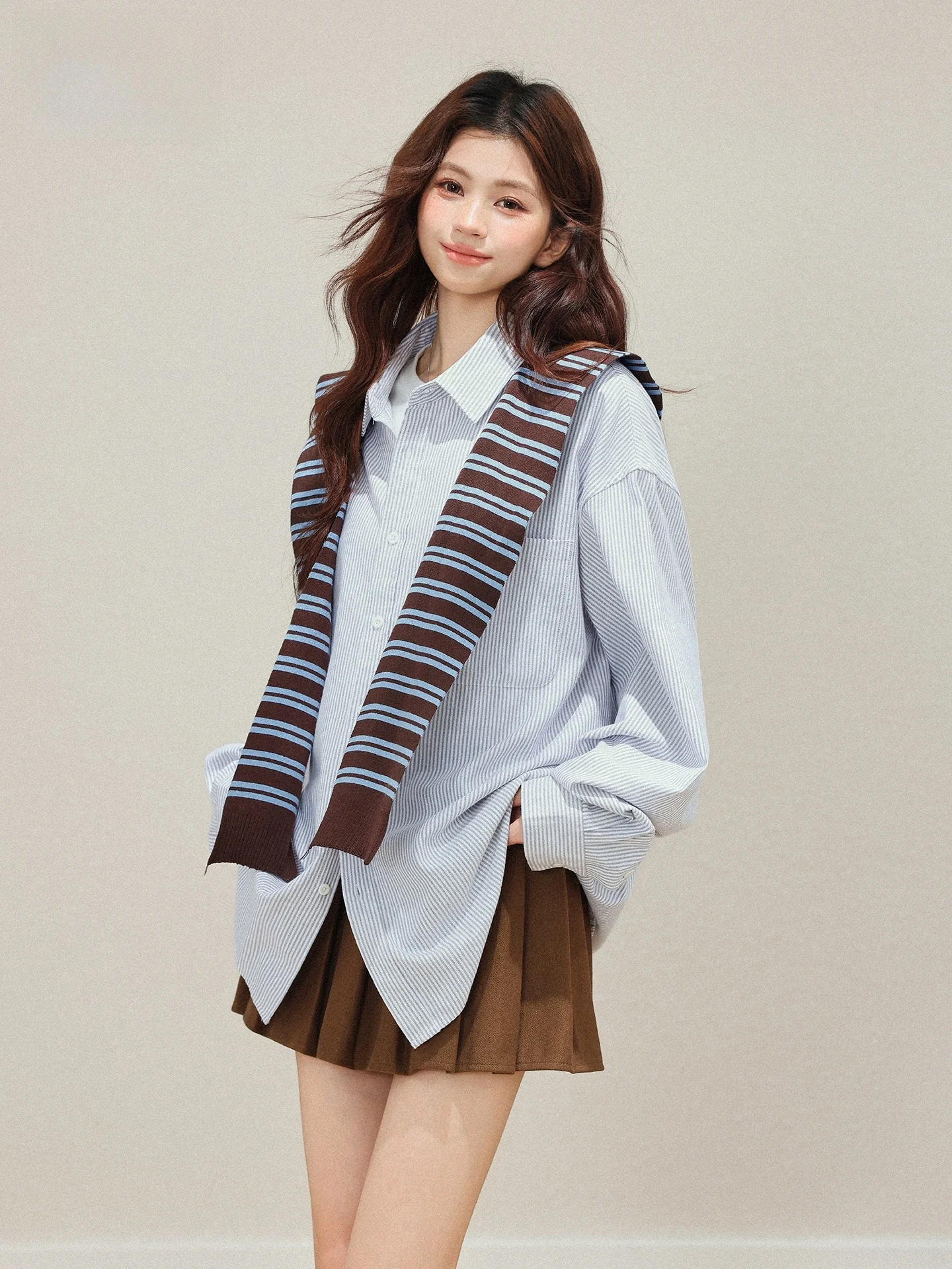 

Casual Korean College Style Striped Long Sleeve Shirt Women Summer New Loose Top with Scarf High-End Feeling Female Blouse