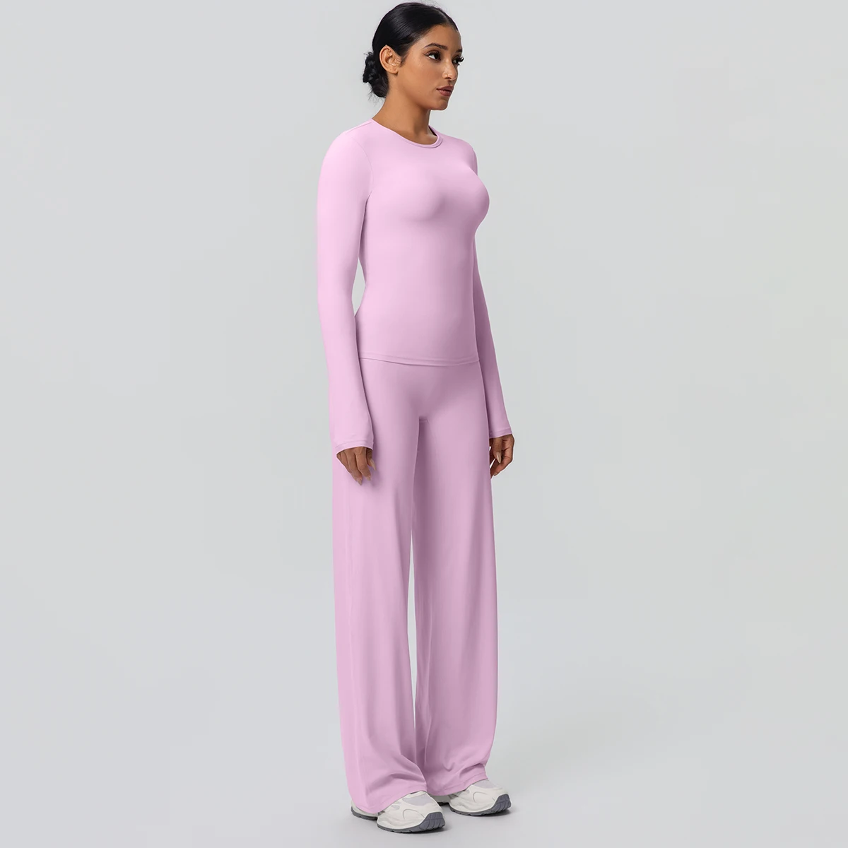 Conjunto de Yoga y gimnasio para mujer, camisas ajustadas de manga larga para correr, Top de entrenamiento de secado rápido, pantalones de pierna ancha de estiramiento alto, conjunto de Yoga fino, 2 piezas