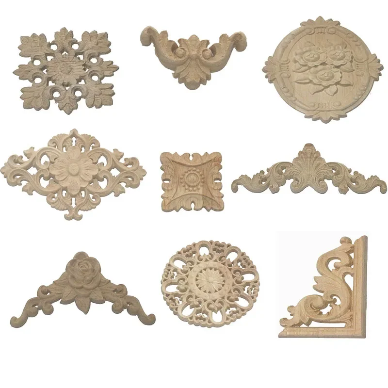 Decorative Wood Appliques for Furniture Cabinet Door Natural Wood Moldings Decals Flower Wood Carving Figurines