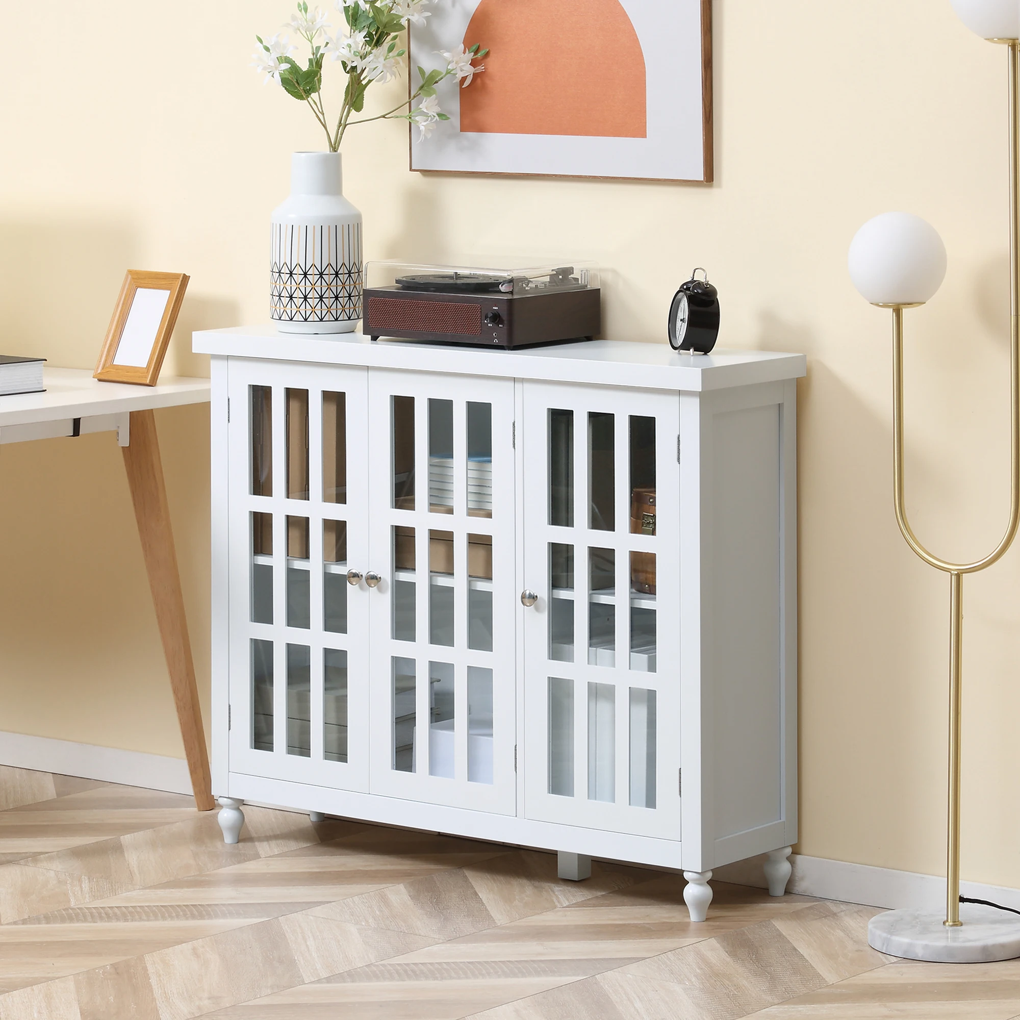 Modern Kitchen Sideboard Buffet Cabinet w/ 3 Glass Doors for Living Room, White