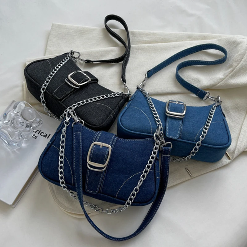 Mode Denim Onderarmtas Handtassen Voor Dames 2024 Designer Luxe Schoudertassen Y 2K Vrouwelijke Kleine Kettingen Merk Crossbody Tassen