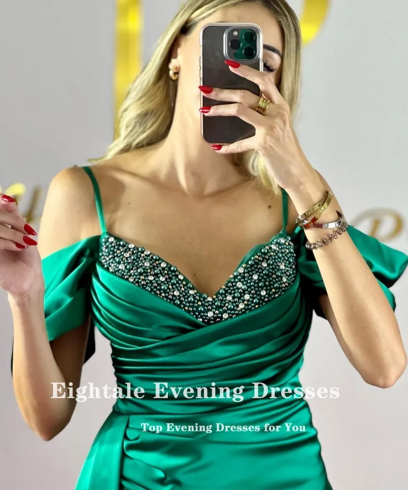 Eightale-Vestidos de Noche de satén con cuentas, vestido de fiesta Formal árabe con corte sirena y tirantes finos para boda, color verde esmeralda