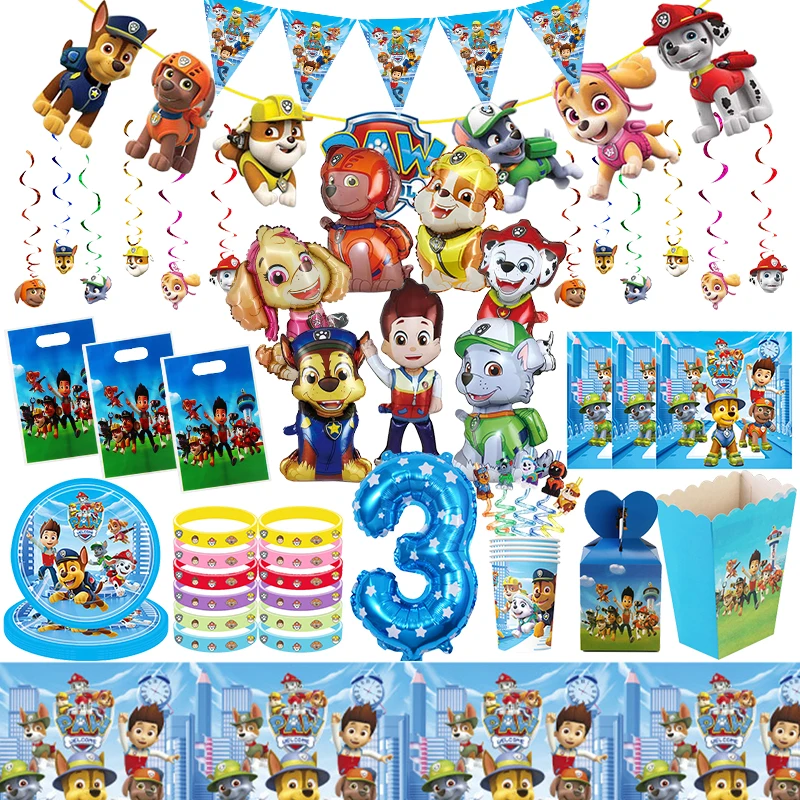 Paw Patrol Birthday Party Decoration Tableware Set Stickers Banner Tablecloth Backdrop Blue Balloons Keychain Kids party favors