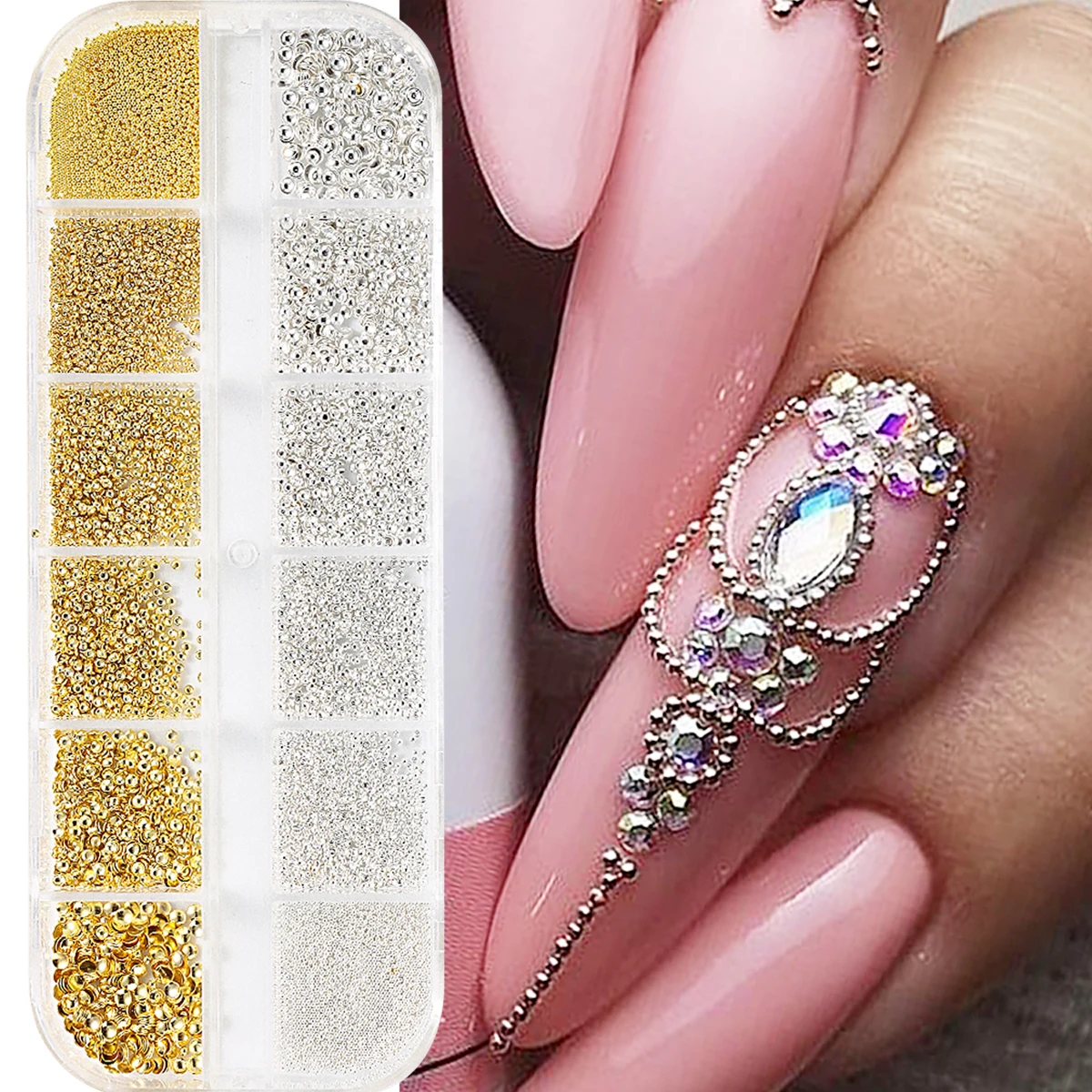 12칸 골드 핑크 섀도우 플랫백 라인스톤 글리터 네일 참 크리스탈 다이아몬드 네일 아트 장식 네일 액세서리