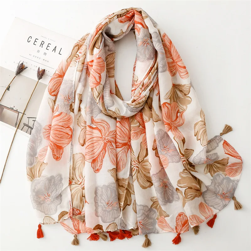 2024 Spain Fashion Petal Floral Tassel Viscose Shawls Scarf Lady High Quality Wrap Pashmina Stole Bufandas Muslim Hijab 180*90Cm