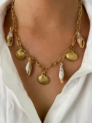 Peri'sbox Waterproof Summer Beach Fashion Holiday Jewelry 18K Gold Plated Stainless Steel Conch Shell Pendant Necklace for Women