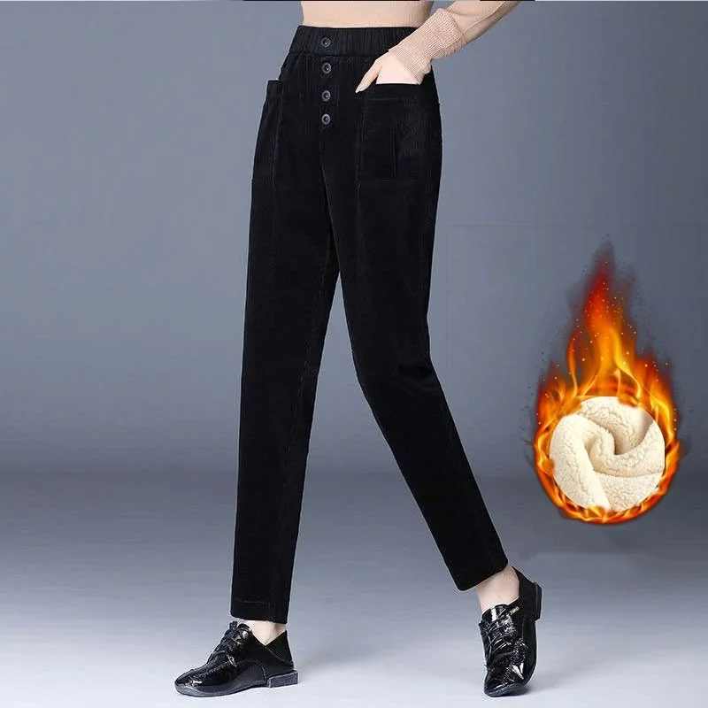 Korean New Simple Fleece Thick Corduroy Small Feet Pants Women High Waist Pocket Button Patchwork Loose Straight Casual Trousers