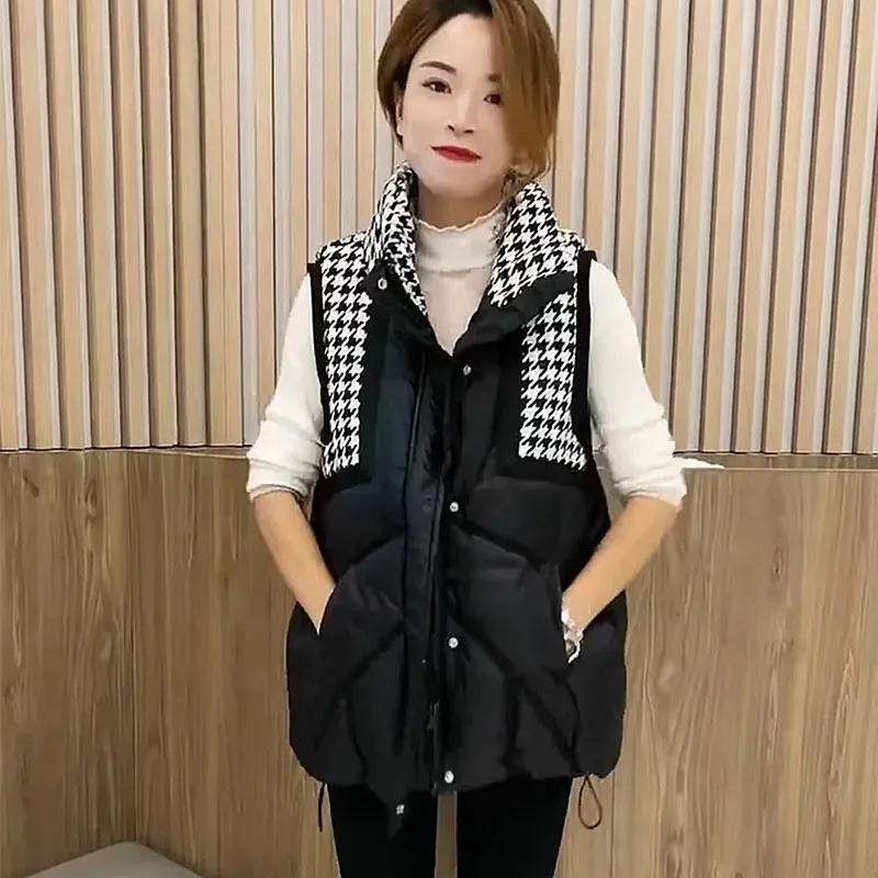 New Womens Plaid Splicing Down Cotton Vest Coat Autumn Winter Black Sleeveless Cotton Jacket Female Casual Warm Puffer Waistcoat