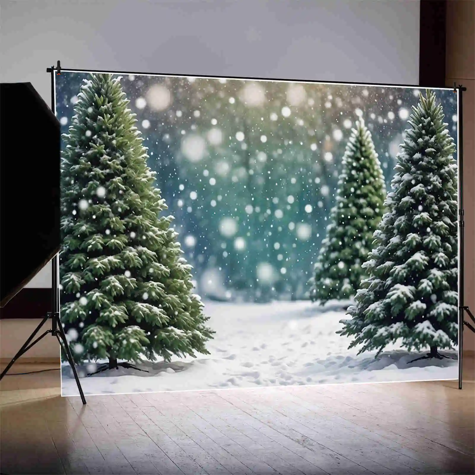 MOON.QG Christmas Forest Tree sfondi Outdoor Field Bokeh Winter Snow Backdrops decorazioni per feste personalizzate servizio fotografico puntelli