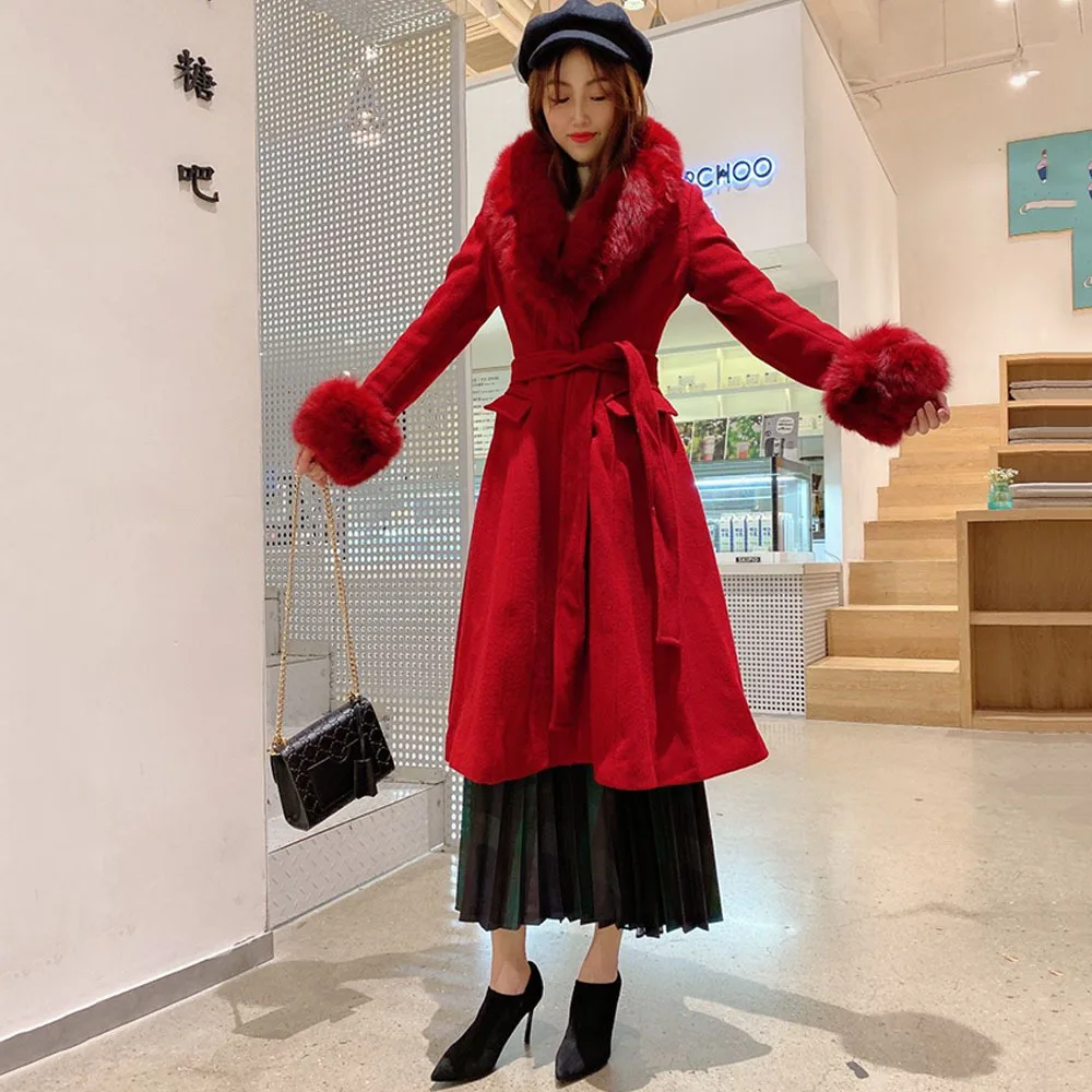 Women Fashion Long Luxury Overcoat Female Winter Coats Fur Collar Warm Elegant Thicken Solid Colo Woolen Jackets Abrigos Mujer