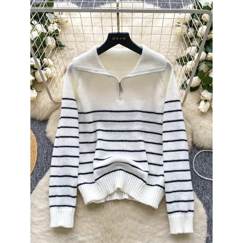 

Korean Simple Striped Sweater Women's Autumn Lassel Zipper Slim-fit Light Mature Elegant Royal Sister Chic Sweater Female Tops