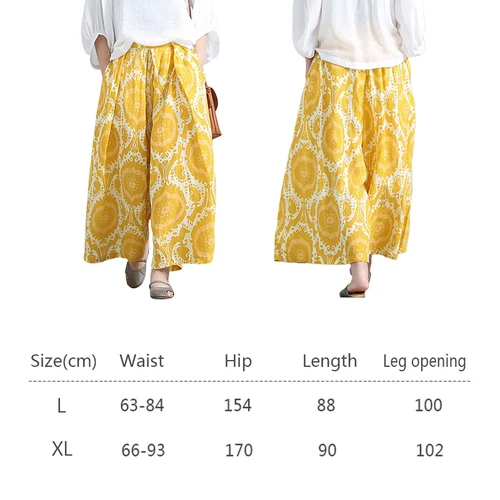 Imagen 2 del producto Pantalones de pierna ancha de lino sueltos artísticos amarillos para mujer con cintura elástica pantalones casuales de nueve puntos pantalones de falda que combinan con todo