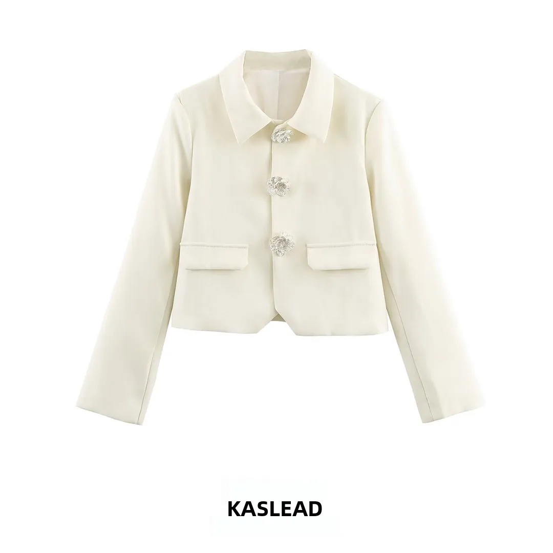 KASLEAD Women's Short Suit Jacket Button Embellished 3D Floral Versatile Stylish Autumn Fashion Polyester Fiber Long Sleeve