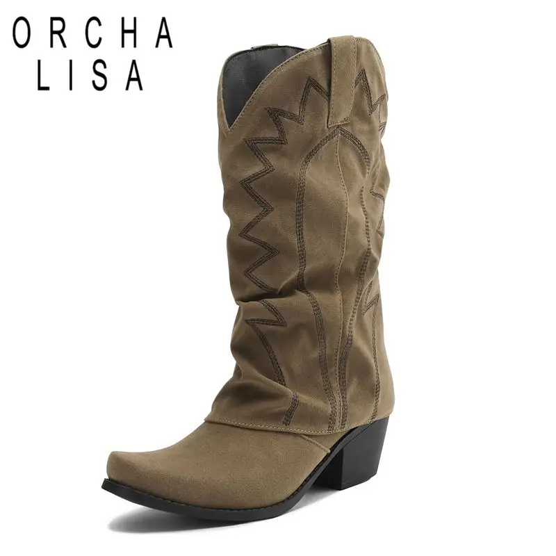

ORCHA LISA 2025 New Western Boots Square Toe Block Heels 6cm Flock Suede Slip On Embroidery Plus Size 42 43 Daily Mid Calf Bota