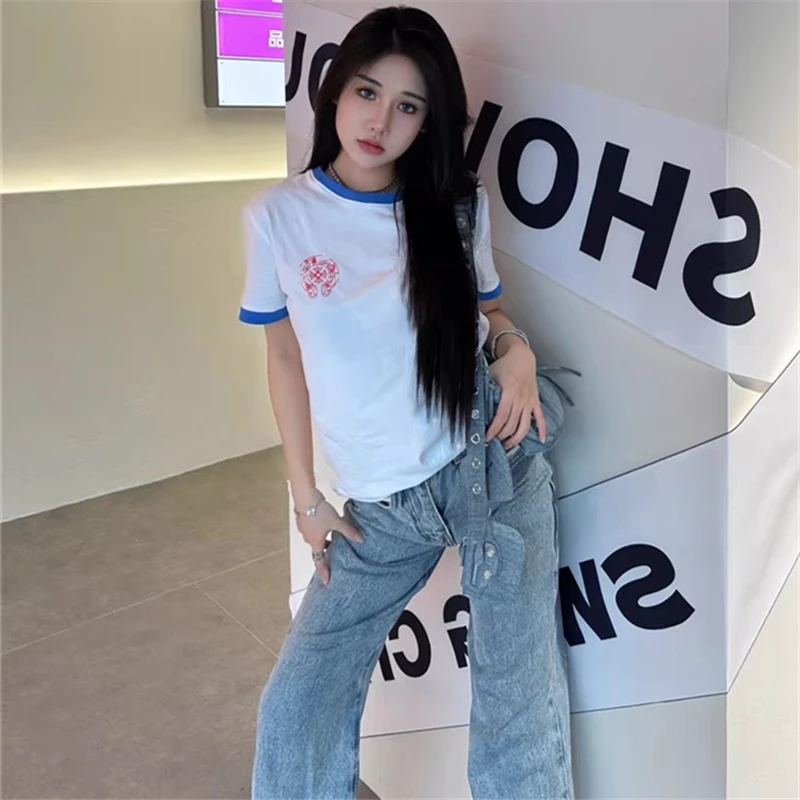 春夏カラーブロック半袖Tシャツ レトロアメリカンデザイン