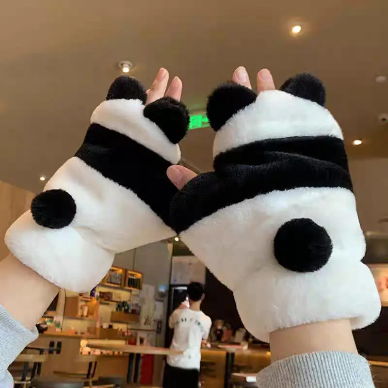 Warm Gloves Fashion Winter Cute Cartoon Panda Half Finger Gloves Outdoor Casual Mittens