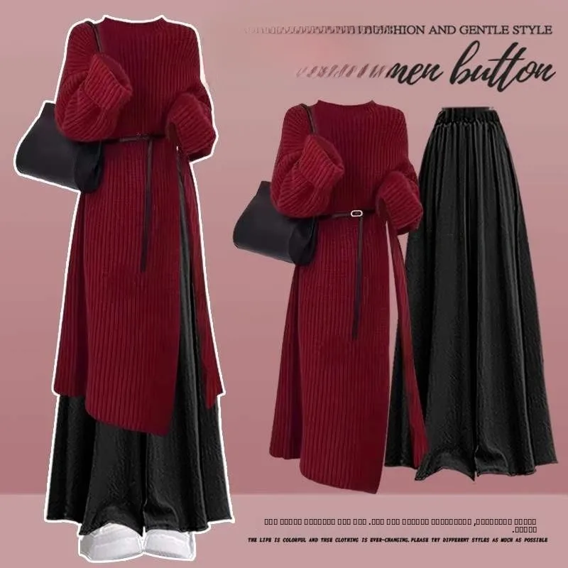 

Большие размеры, осенне-зимний красный комплект халатов Cisas, длинный вязаный свитер с высокой талией, утягивающие повседневные брюки, комплект из двух предметов, сладкий сле