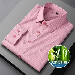 Spring and autumn new men's bamboo fiber long sleeve non-ironing shirt business casual social slim-fit stripes soaking wet gas