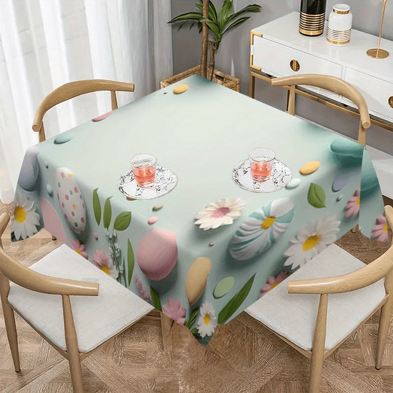 1Pc Spring Floral And Easter Egg Print Tablecloth Light Green Table Cover For Dining Room Kitchen Party Decor Rectang