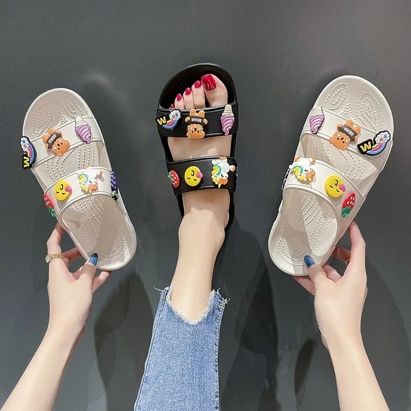 2024 Women Summer Casual Slides Comfortable Flax Slippers Striped Cartoon Flip Flops Platform Sandals Ladies Outdoor Shoes