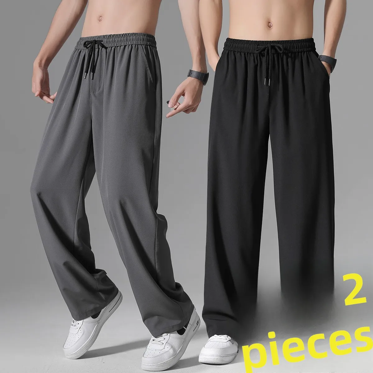 

Летние тонкие быстросохнущие брюки из ледяного шелка с широкими штанинами, свободные, дышащие, повседневные, модные, эластичные, спортивные мужские брюки свободного кроя