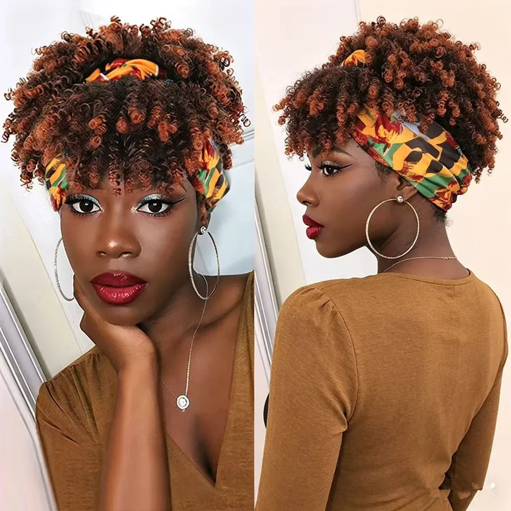 

African Kinky Curly Short Wig for Black Women Synthetic Headband Style with Glueless Natural Fluffy Afro Hair for Daily Cosplay