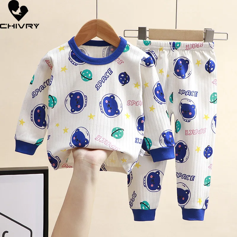 Conjuntos de pijamas de otoño para niños y niñas, ropa de dormir con estampado de dibujos animados, camiseta de manga larga con cuello redondo y pantalones para recién nacidos, 2023